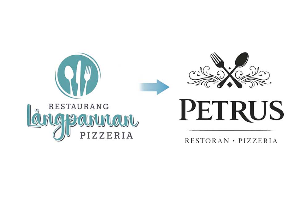 Utanför restaurangen som visar namnen Petrus och Långpannan